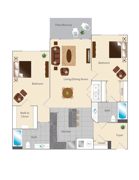 Floor plan for 2 beds, 2 baths, 1117 sqft